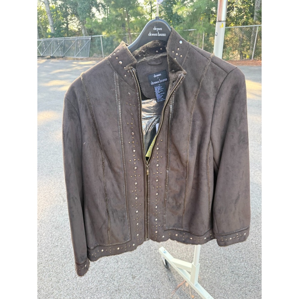 Dennis Basso Women's 1X Brown Faux Suede Studded Jacket Faux Shearling Western